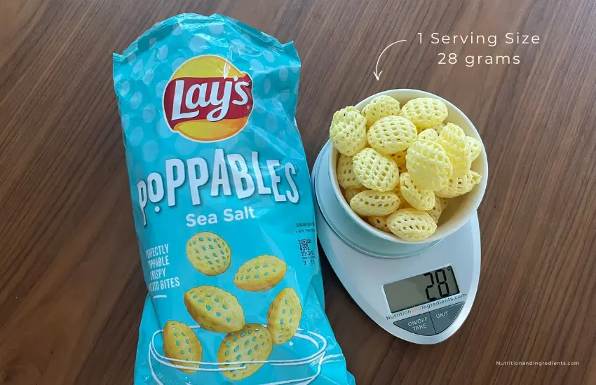 Poppables in bowl on scale to indicate serving size of 28 gram.