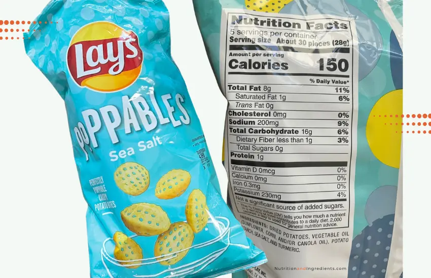 Bag of Lay's sea salt Poppables and nutrition facts label.