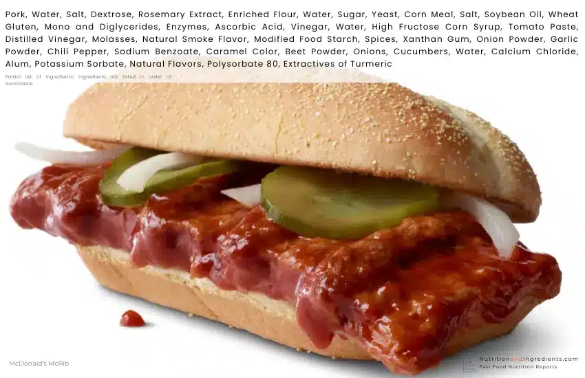 McDonald's McRib sandwich with text list of ingredients.