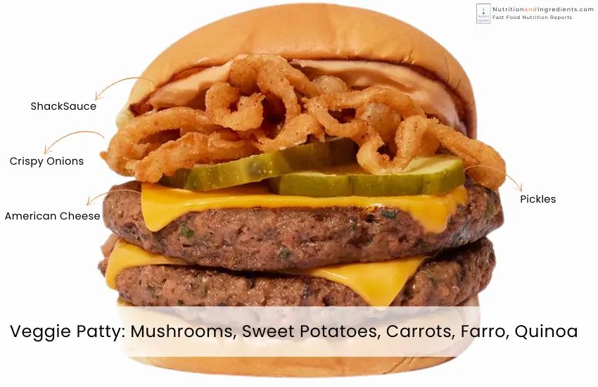 Shake Shack Veggie Shack with text list of ingredients.