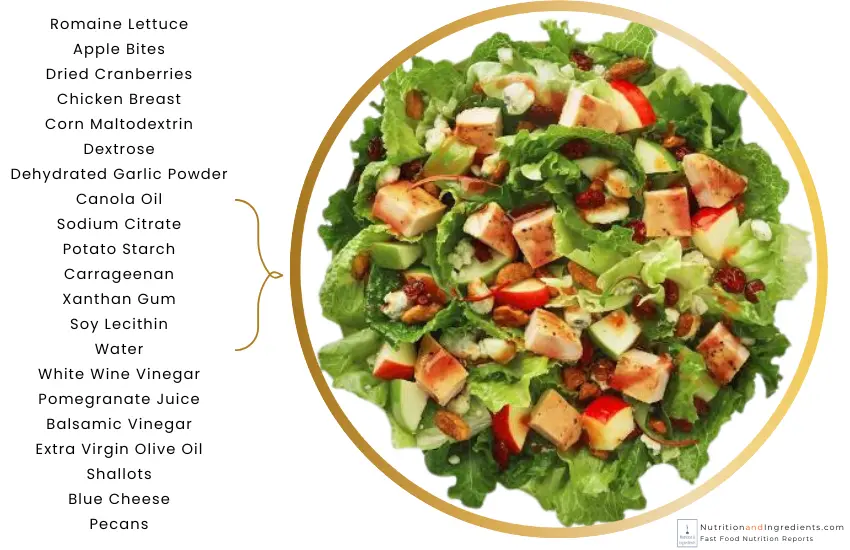 Wendy's apple pecan salad with chicken with text list of ingredients.