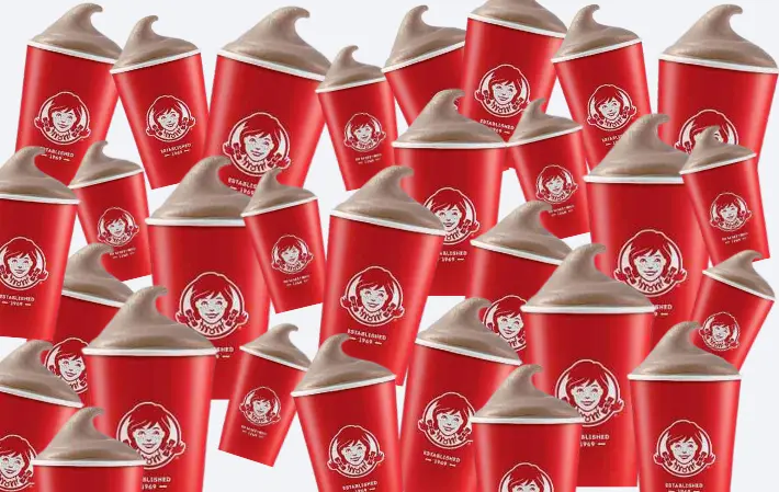 Collage of 20+ chocolate frostys in red cups from Wendy's restaurant.