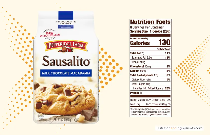 Package of Pepperidge Farm Milk Chocolate Macadamia Nut cookies with nutrition facts label.