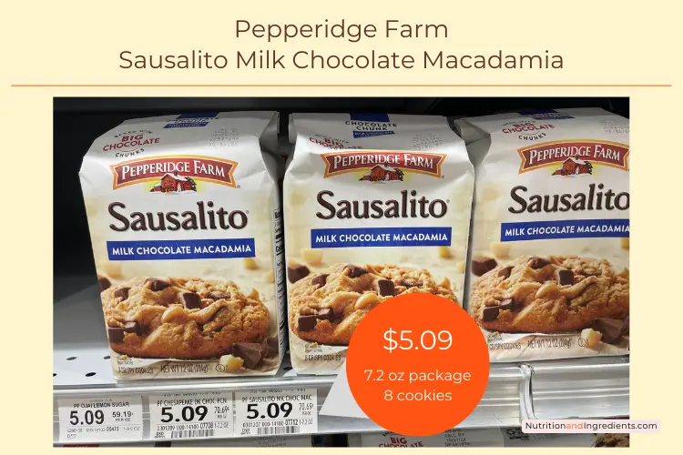 Packages of Pepperidge Farm chocolate chip cookies with macadamia nuts on store shelf.