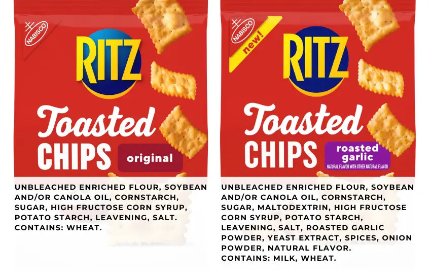 Packages of Ritz toasted chips with list of ingredients.