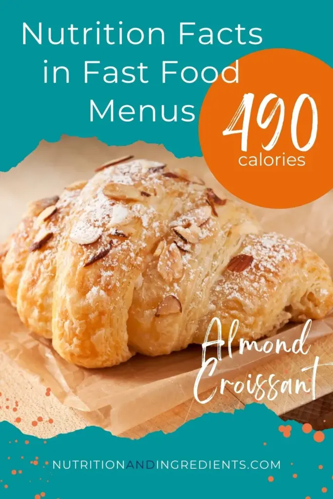 An almond croissant with text '490 calories'.