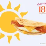 Sun icon behind image of the breakfast wake-up wrap sandwich with bacon from Dunkin'.