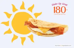 Sun icon behind image of the breakfast wake-up wrap with bacon from Dunkin'.