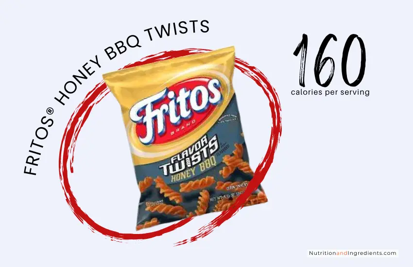 Fritos Flavor Twists Honey BBQ with text '160 calories per serving'.