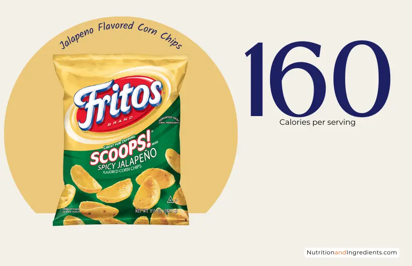 Package of Fritos Scoops Spicy Jalapeno Corn Chips with text '160 calories per serving'.