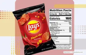 Bag of Flamin' Hot flavored potato chips with copy of nutrition facts label.