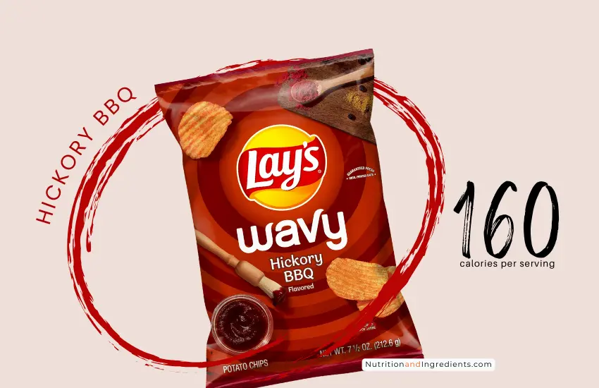 Bag of Lay's hickory BBQ Flavored potato chips with text '160 calories'.