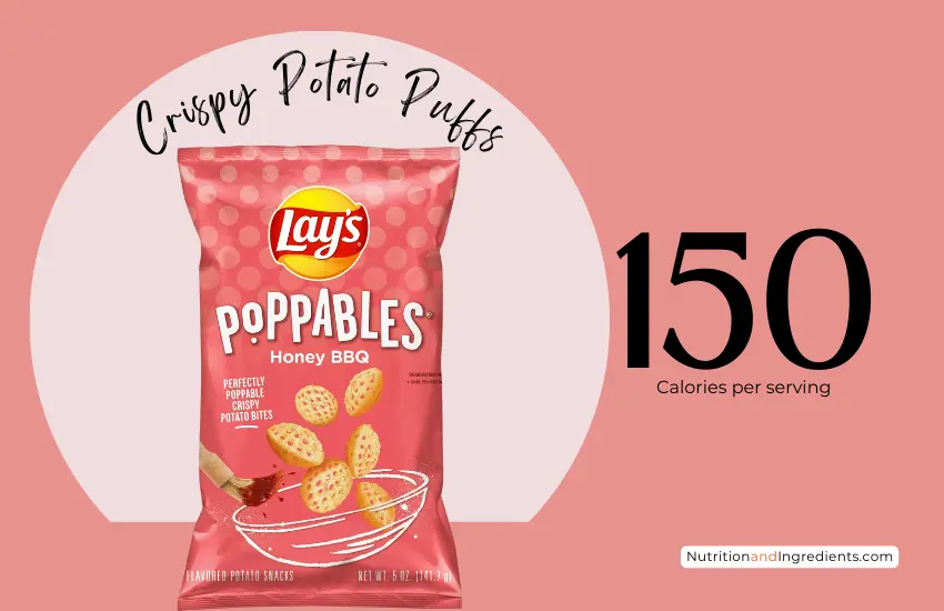 Bag of Lay's Honey BBQ flavored Poppable chips with text '150 calories'.