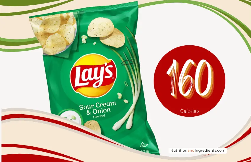 Bag of Lay's sour cream and onion flavored potato chips with text '160 calories'.