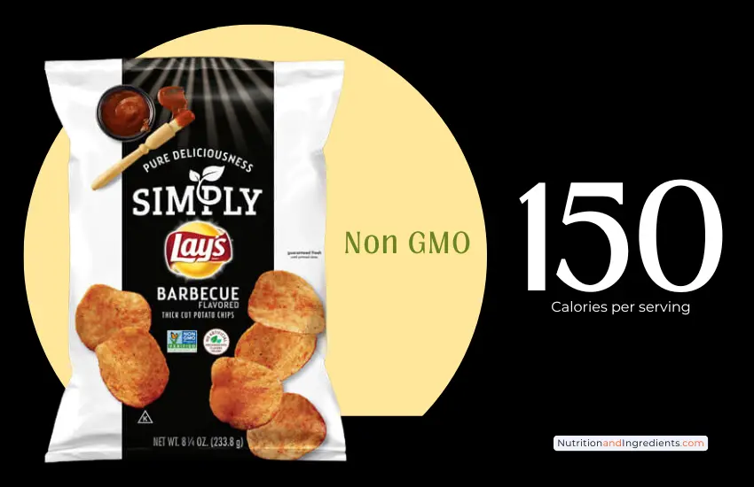 Bag of Lay's barbecue thick cut potato chips with text '150 calories'.