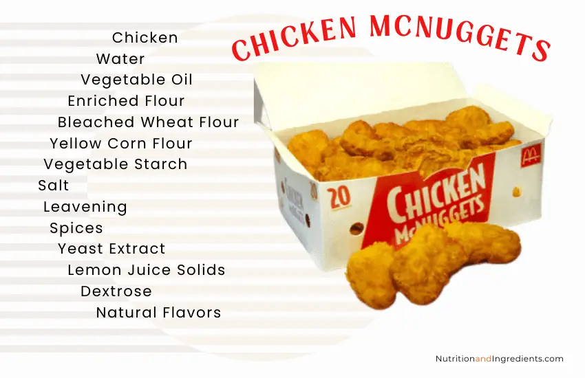 Open box of McDonald's Chicken McNuggets with text list of ingredients.