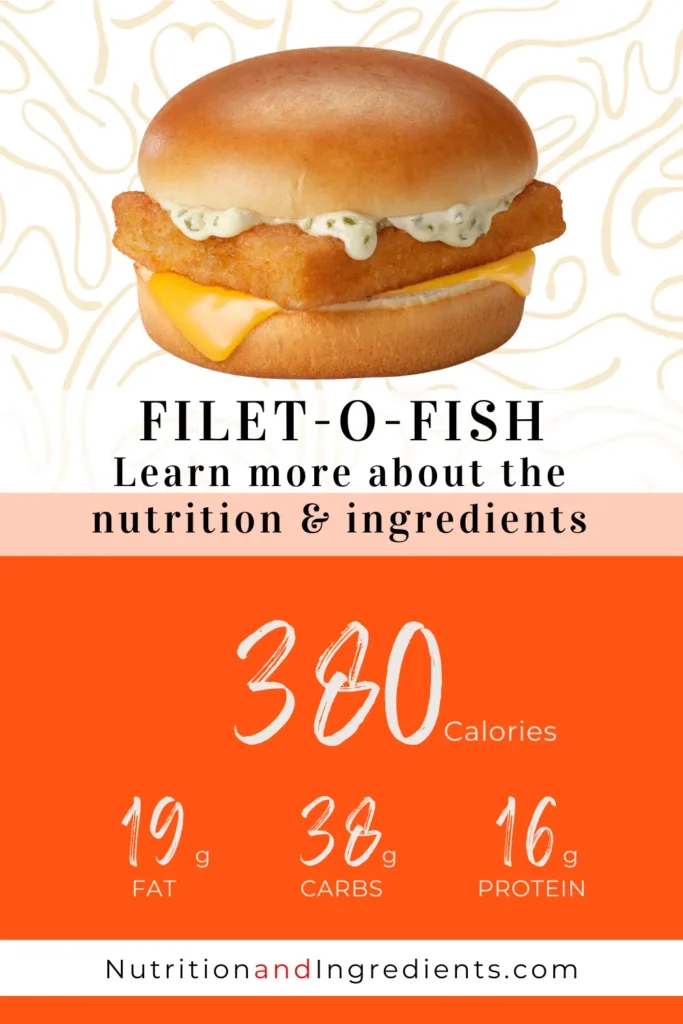 McDonald's filet-o-fish sandwich with text '380 calories'.