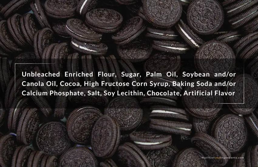 Background of OREO cookies and text list of ingredients.