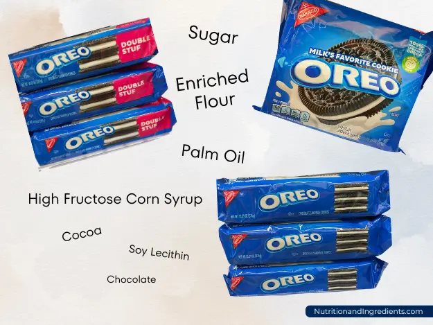 Three packages of OREO cookies with text listing the ingredients.