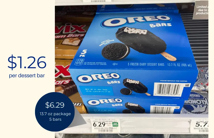 Box of OREO frozen dessert bars and price.