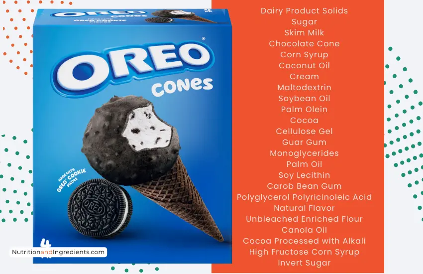 Box of OREO cookie frozen dairy dessert cones with text listing select ingredients.