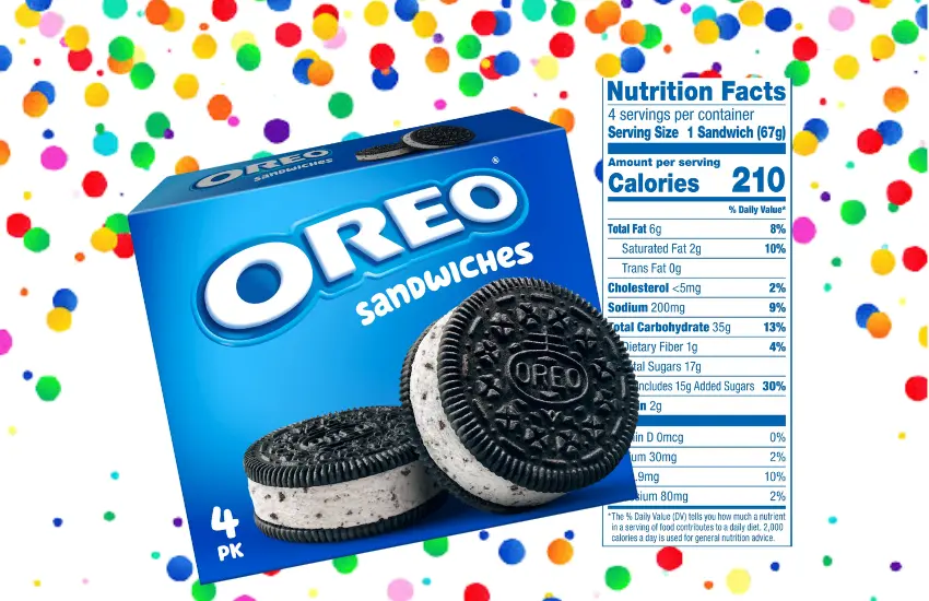 Box of OREO Frozen Dairy Dessert Sandwiches and nutrition facts label.