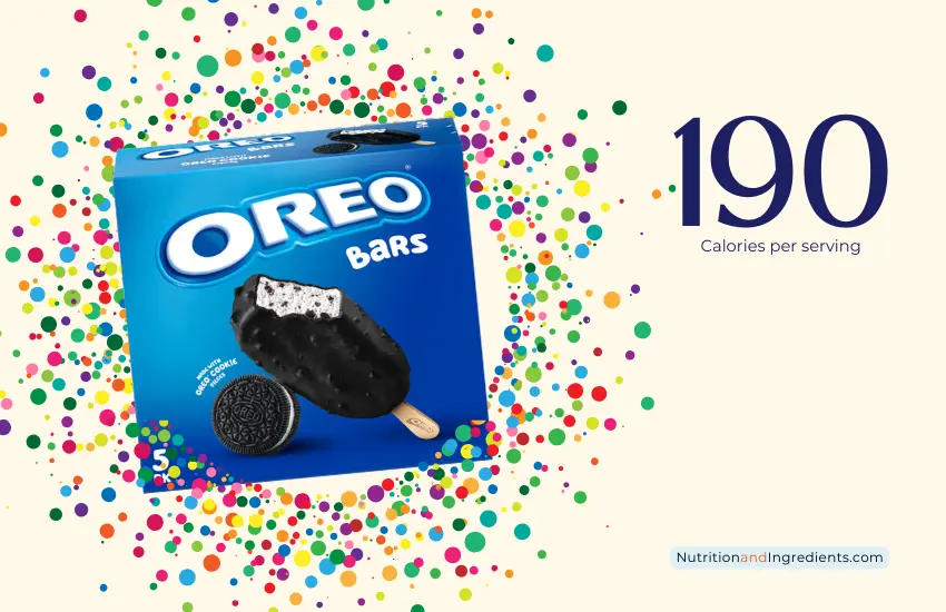 Package of OREO frozen dairy dessert bars with colorful confetti and text '190 calories'.