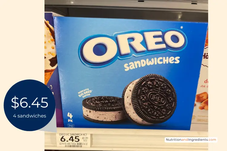 Package of OREO frozen dessert sandwiches with price.