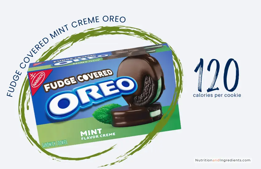 Box of fudge covered mint creme flavored filling OREO cookies with text '120 calories'.