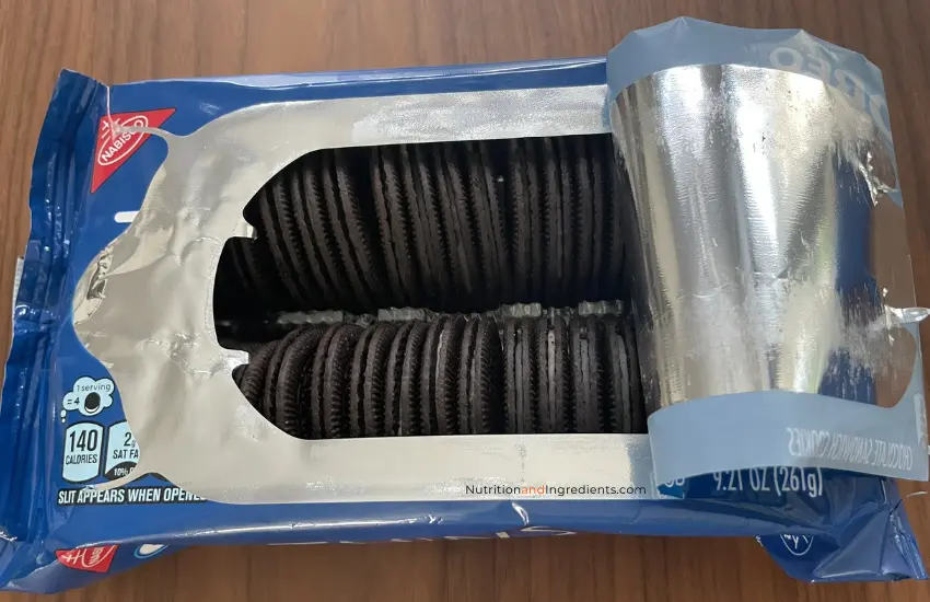 Opened package of OREO Thins chocolate cookies.