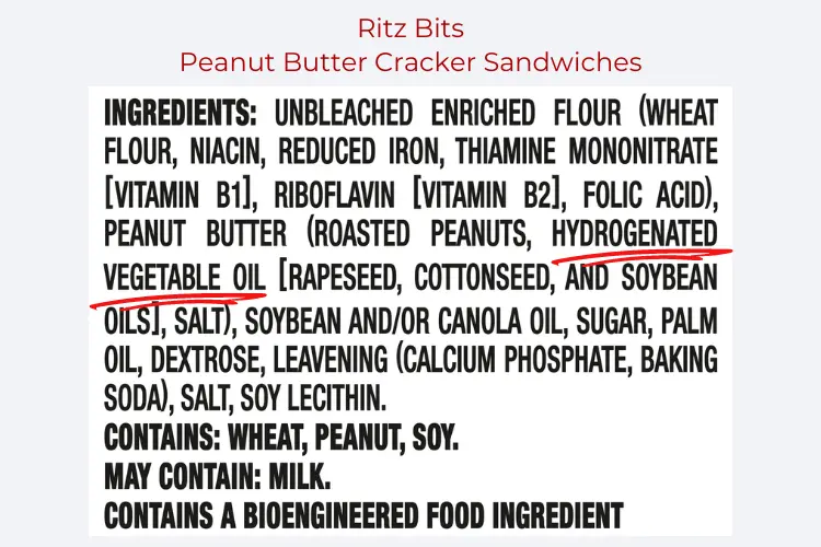 List of ingredients from package of Ritz Bits peanut butter flavored cracker sandwiches.