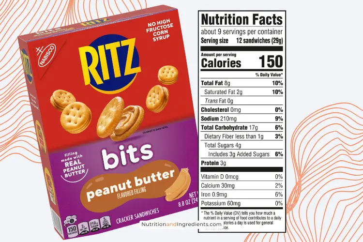 Ritz Bits cracker with peanut butter flavored filling and copy of nutrition facts.