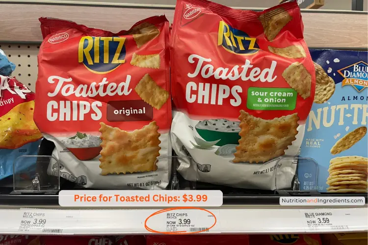 Packages of Ritz Toasted Chips for shelf at a supermarket.