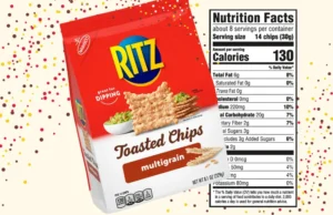 Bag of Ritz wholegrain toasted chips and copy of nutrition facts.