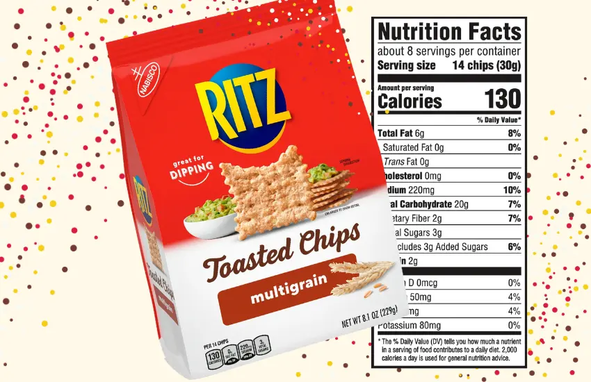 Bag of Ritz wholegrain toasted chips and copy of nutrition facts.