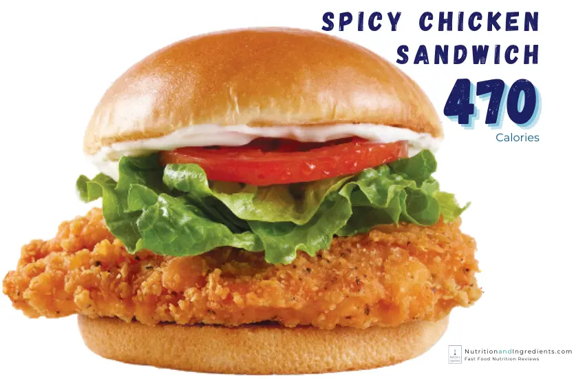 Fried chicken sandwich from Wendy's with text "470 calories."