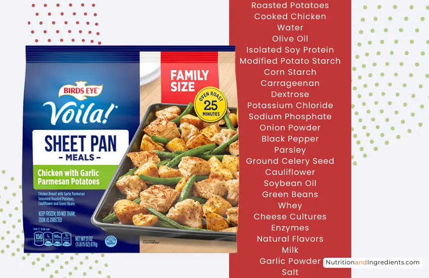 Package of frozen Birds Eye meal with chicken and potatoes and list of ingredients.