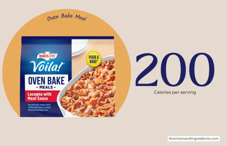 Package of a Birds Eye frozen lasagna with meat oven bake meal with text '200 calories per serving'.