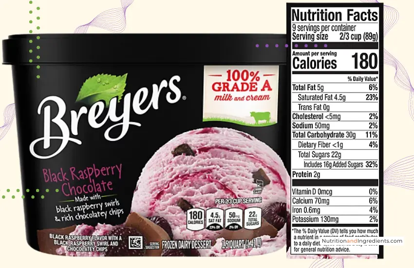 Container of black raspberry frozen dairy dessert with nutrition facts.