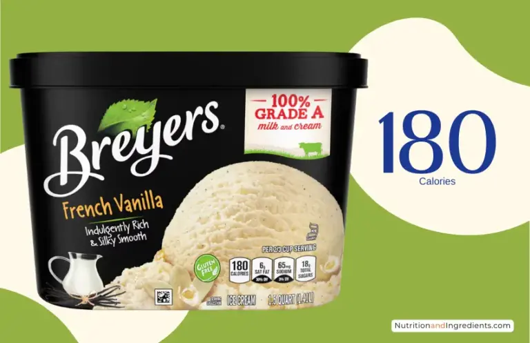 Container of Breyers french vanilla flavored ice cream with text '180 calories'.