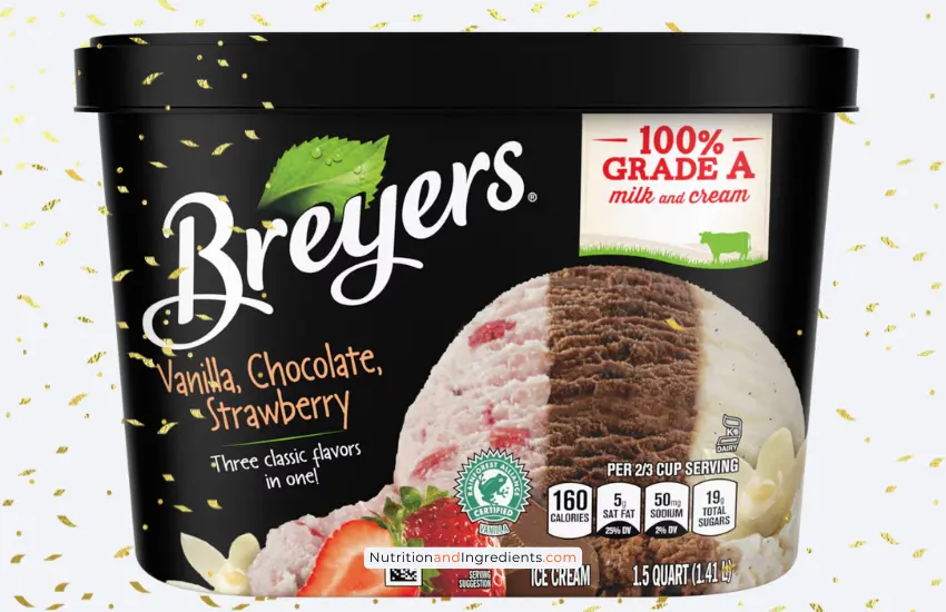 Container of Breyers vanilla, chocolate, strawberry ice cream.