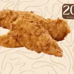 Fried chicken strips from Chick-fil-A restaurant with text '200 calories per serving'.