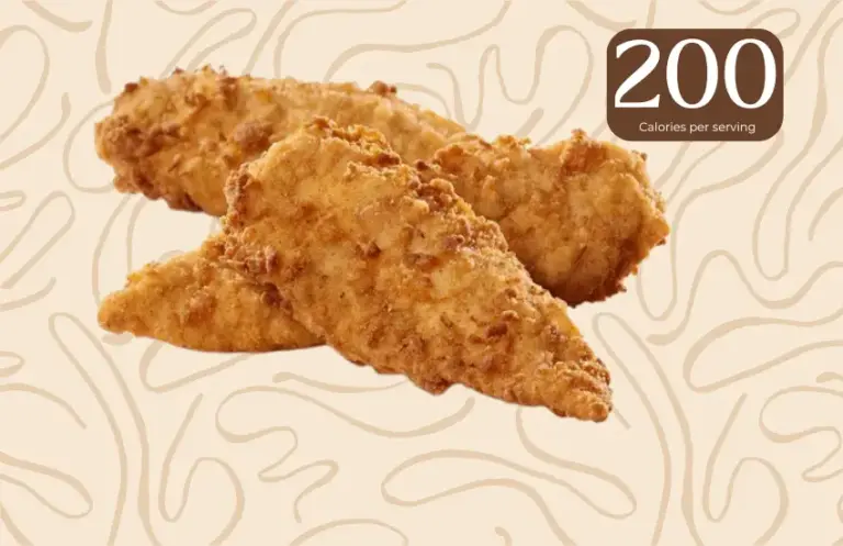 Fried chicken strips from Chick-fil-A restaurant with text '200 calories per serving'.