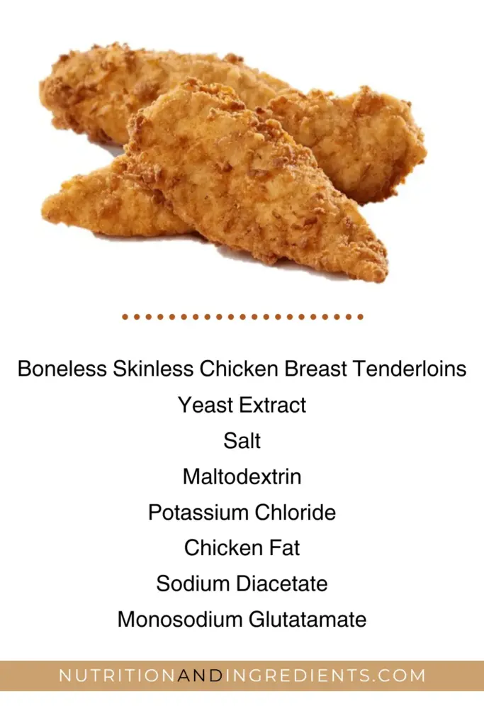 Three chicken strips from Chick-fil-A fast food restaurant with list of select ingredients.