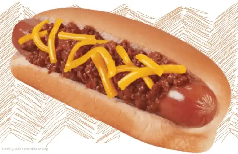 Dairy Queen hot dog topped with chili sauce and cheddar cheese.