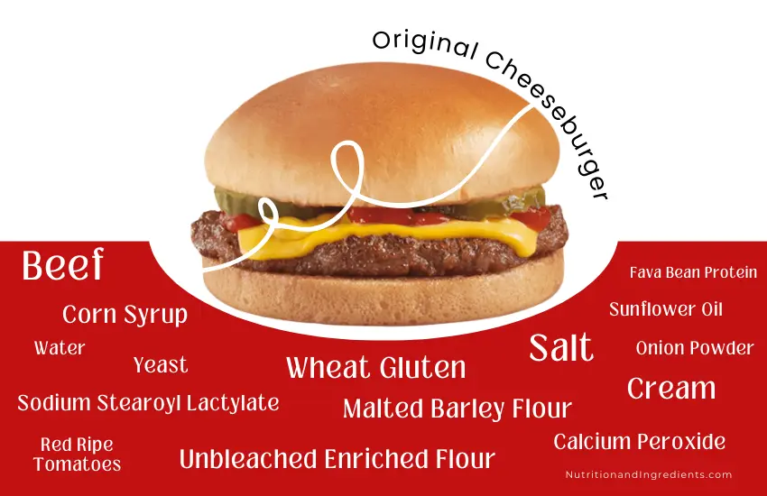 Original cheeseburger from Dairy Queen fast food restaurant and text listing select ingredients.