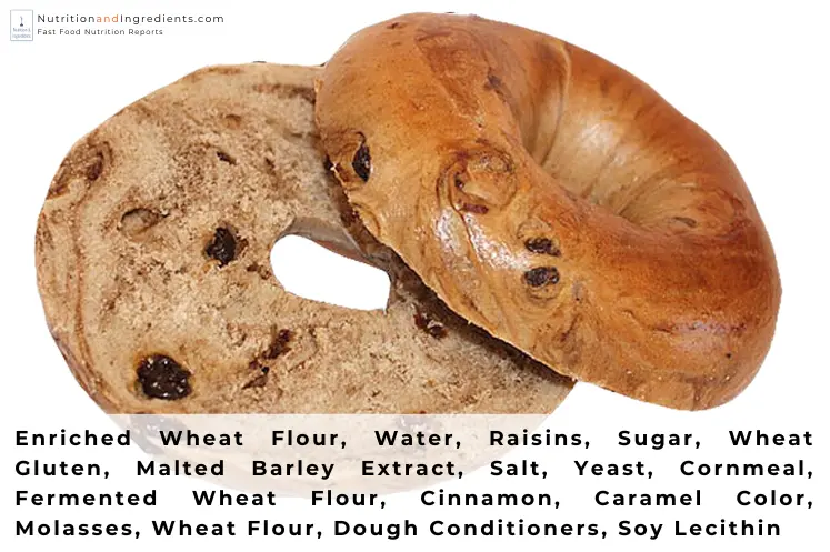 Dunkin' cinnamon raisin bagel with text list of ingredients.