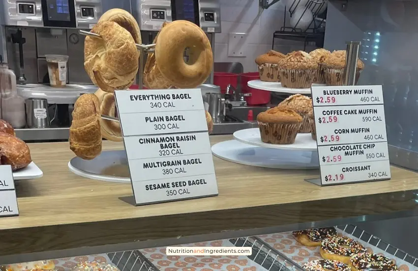 Bagels and muffins on display at Dunkin' Donuts.