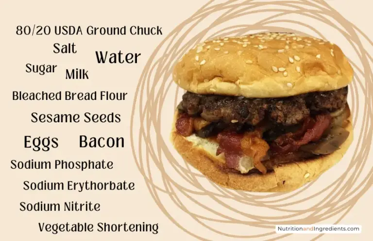 Bacon burger from Five Guys fast food restaurant with list of ingredients.