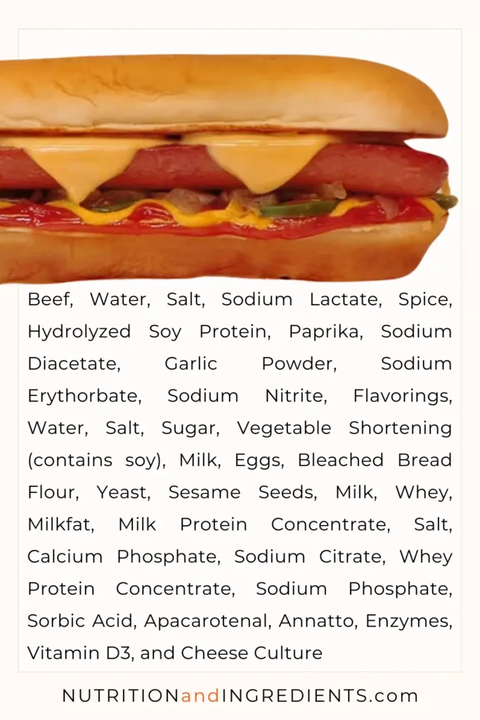 Five Guys hot dog with cheese and text list of ingredients.